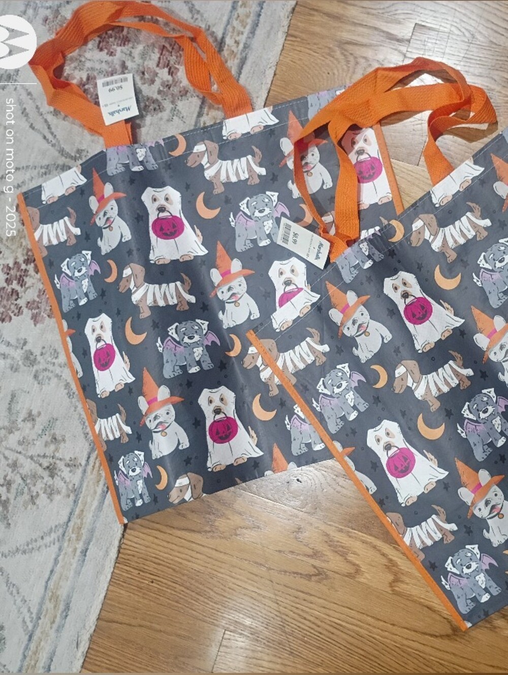 Trick or treat dog print reusable tote bag